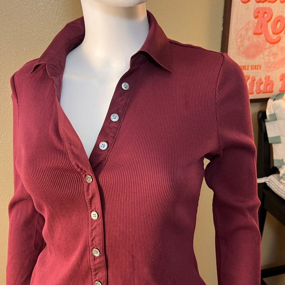 Veronica Beard Scottie Wine Ribbed Long Sleeve Button Down Top Small - Picture 2 of 5